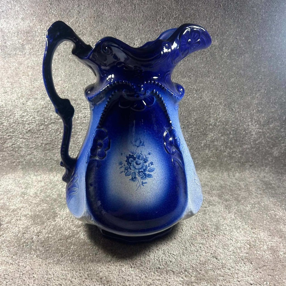 Ironstone Pitcher Flow Floral Embossed Victorian Cobalt Blue